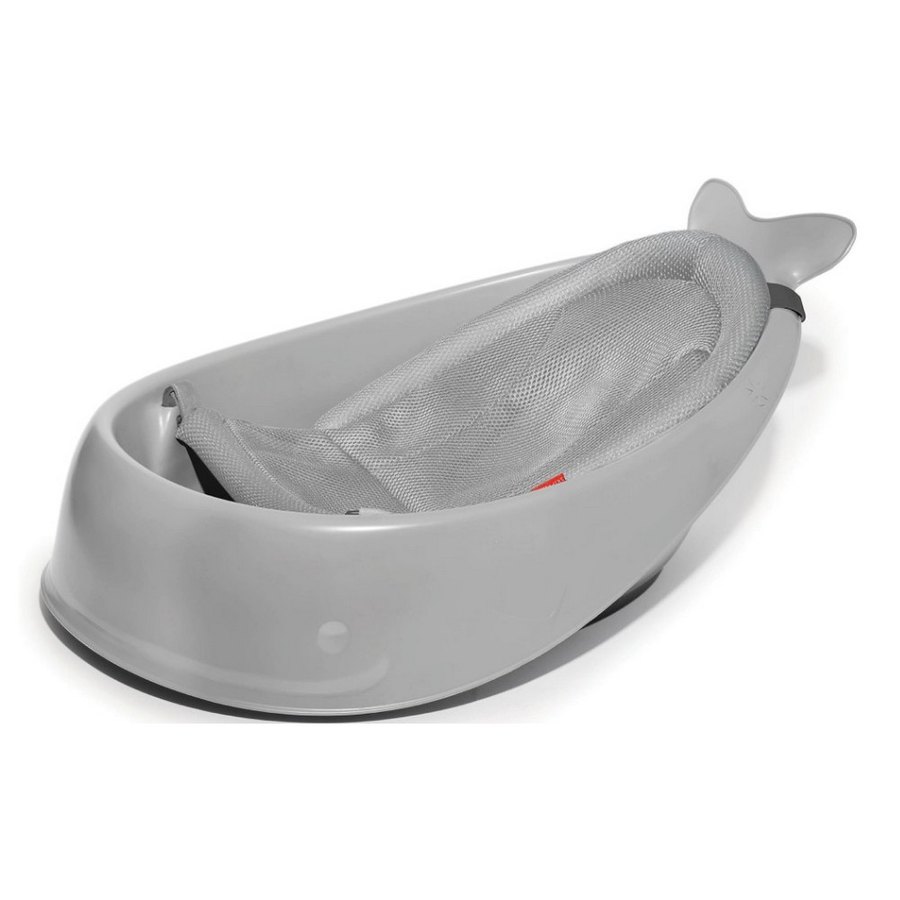 Skip Hop Moby Smart Sling 3-Stage Tub in grey, whale shaped, with mesh sling