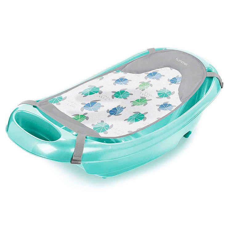 Summer Infant Splish 'n Splash tub in aqua with fabric sling and parent assist tray