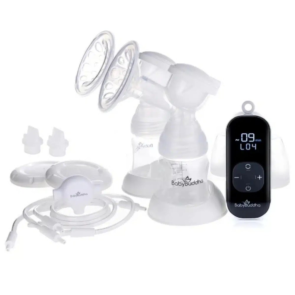 BabyBuddha 2.0 portable breast pump with bottles, flanges and compact motor