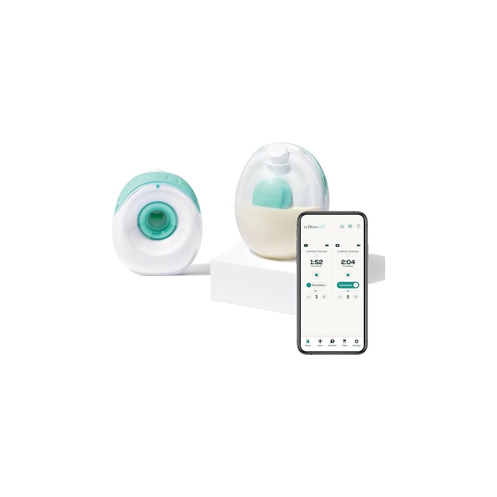 Willow Go wearable breast pumps with collection containers and the Willow app