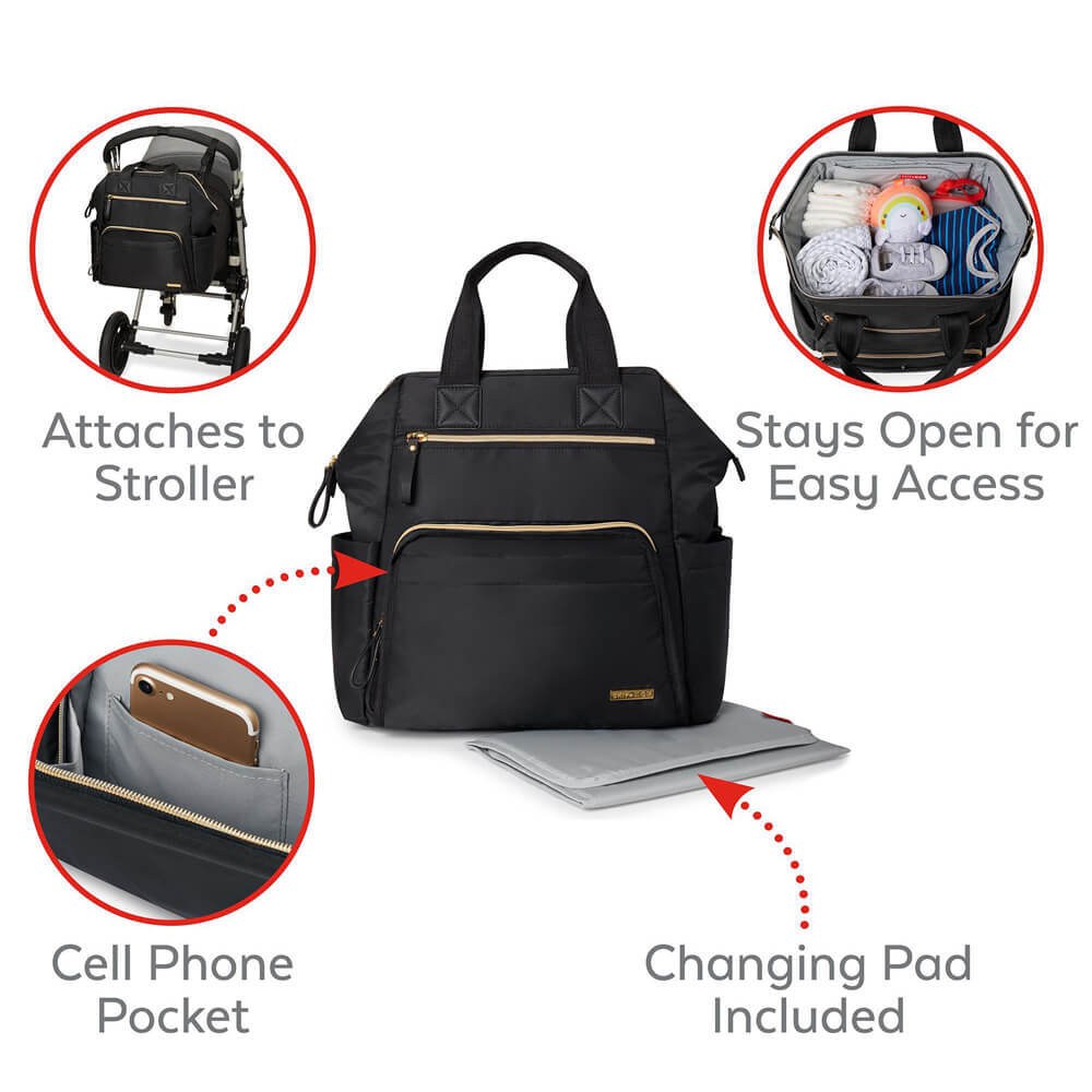 Skip Hop Mainframe Wide Open diaper backpack in black with gold trim