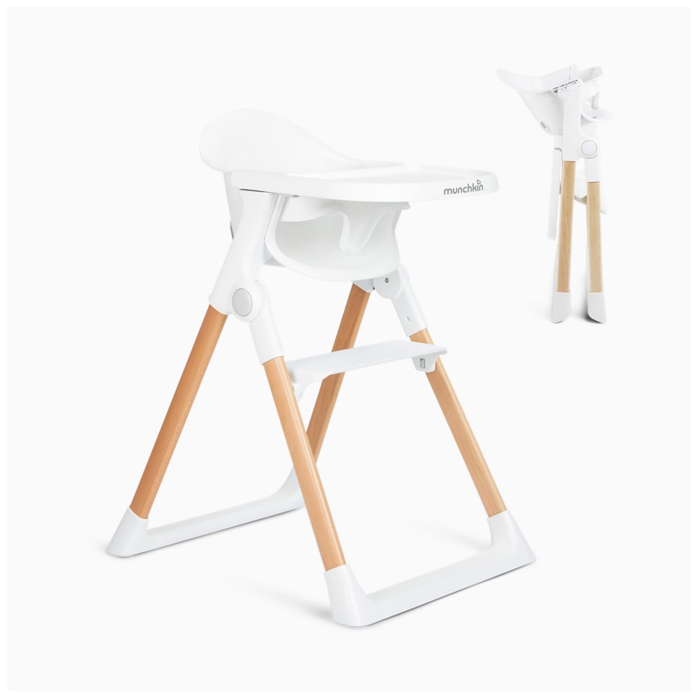 Munchkin Float foldable high chair in white with wooden legs, with the folded chair beside it