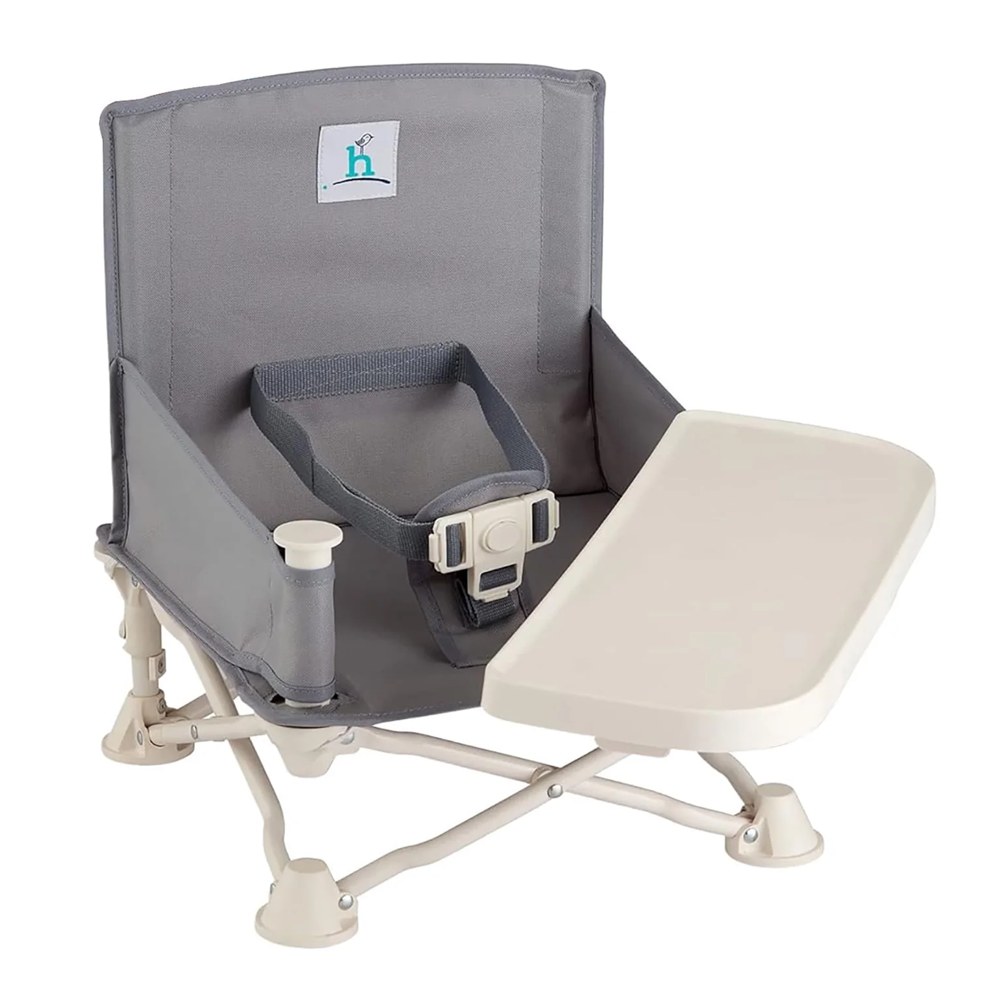 hiccapop OmniBoost travel booster seat in Slate Grey with its tray attached