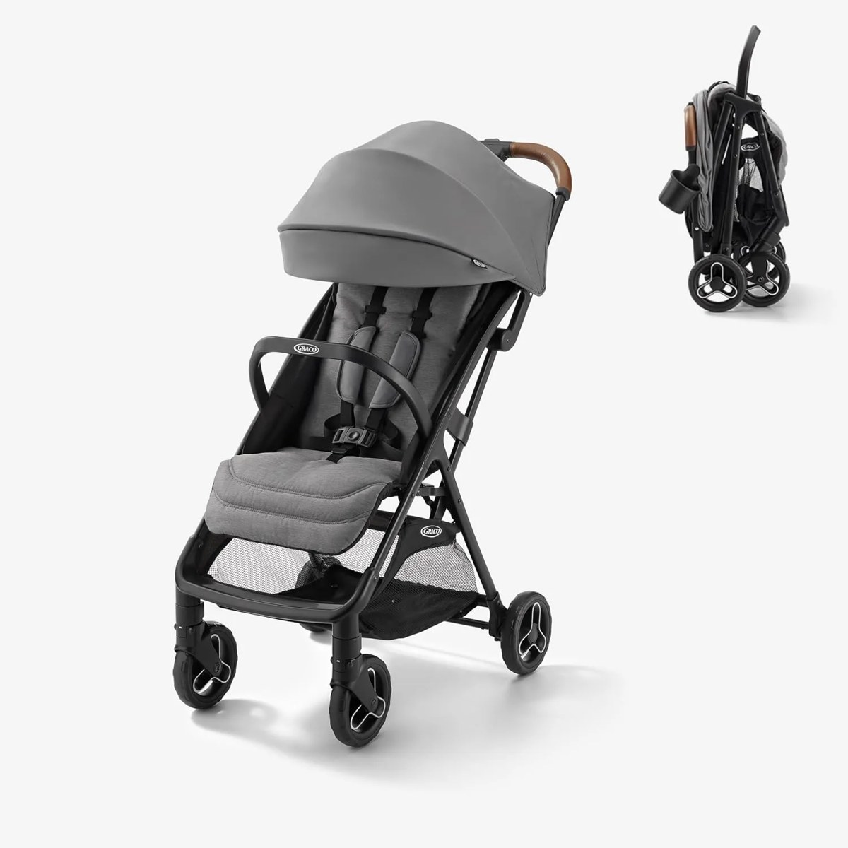 Graco Ready2Jet compact stroller in grey, with a folded view