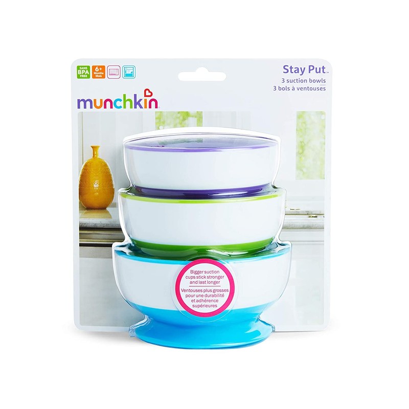 Munchkin Stay Put suction bowls three pack in retail packaging