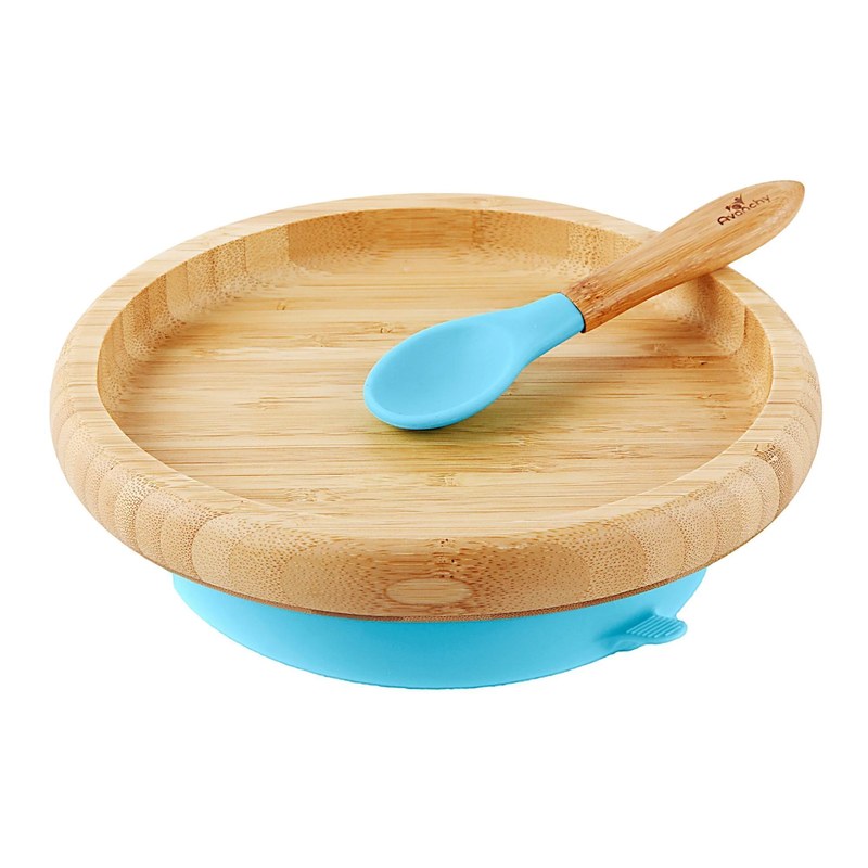 Avanchy bamboo toddler suction plate with green silicone base and spoon