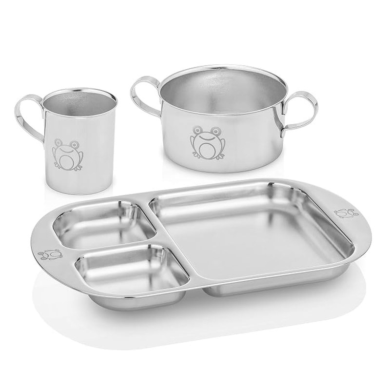 Kiddobloom stainless steel dinnerware set with divided tray, handled bowl and cup with frog design