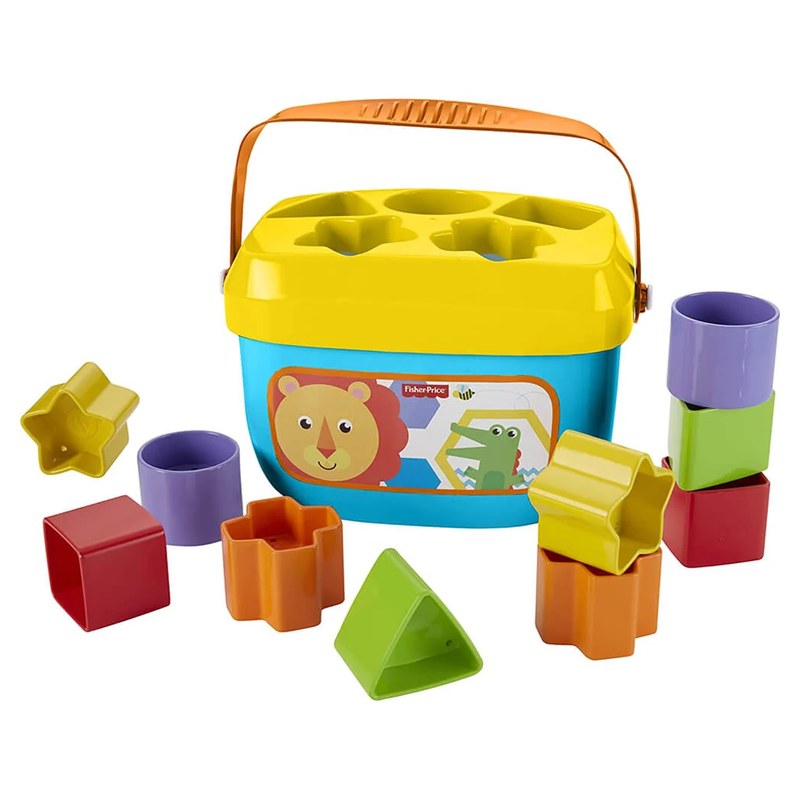 Fisher-Price Baby's First Blocks bucket with shape sorter lid and ten shape blocks