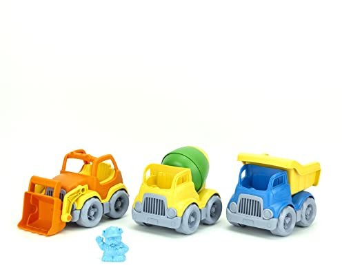 Green Toys construction vehicles: scooper, cement mixer and dump truck with a figure