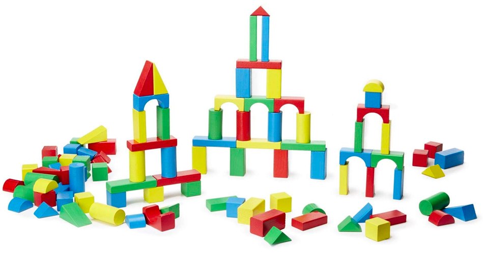 Melissa and Doug 100-piece wooden building blocks in four colors stacked in shapes