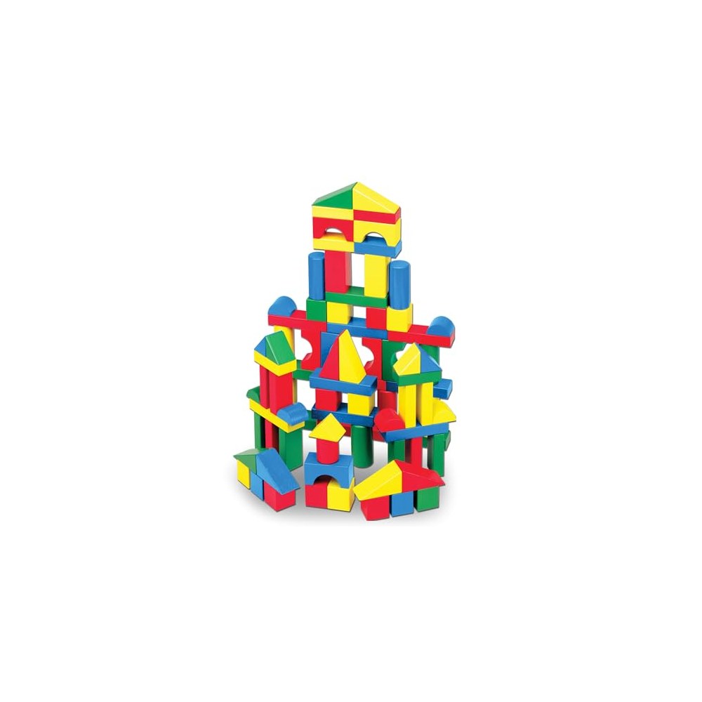 Melissa and Doug 100-piece wooden building blocks stacked in a tower