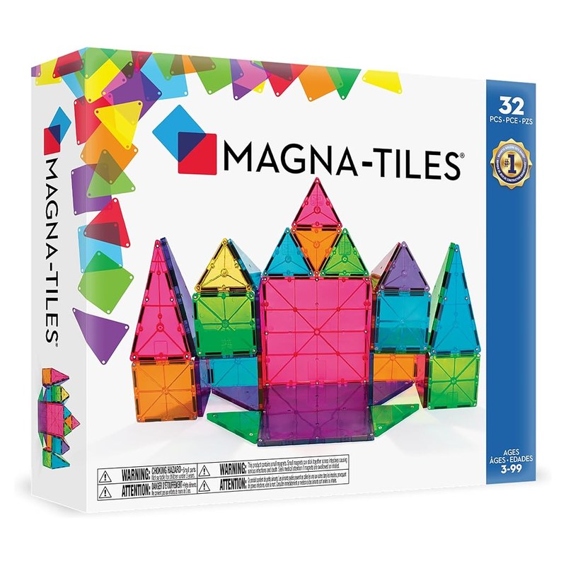 MAGNA-TILES Classic 32-Piece magnetic tile set box and built shapes