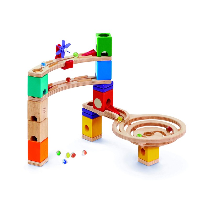 Hape Quadrilla Race to Finish wooden marble run built up