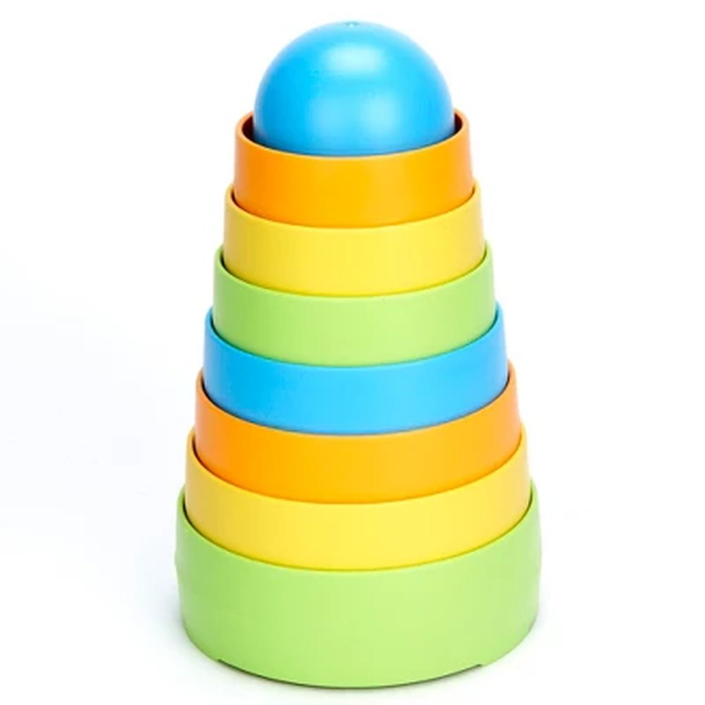 Green Toys Stacker with eight nesting pieces stacked in pastel colors