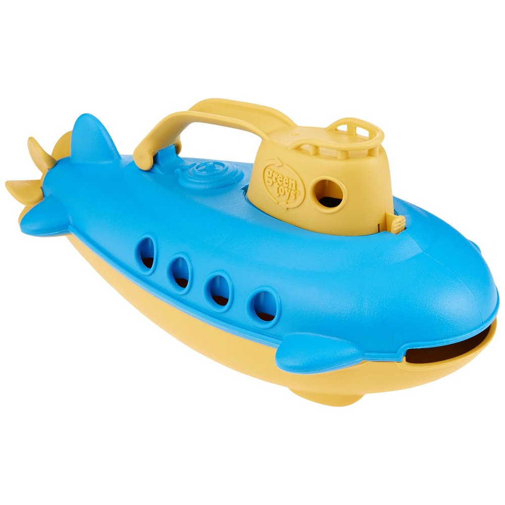 Green Toys Submarine bath toy in blue and yellow with a cabin handle