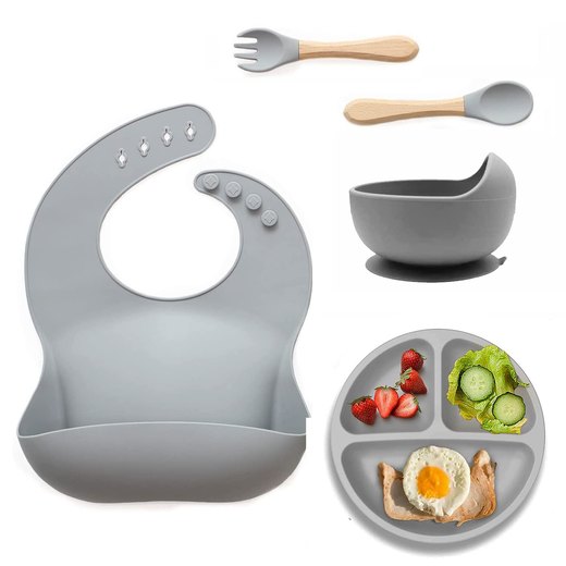 Toddler plate, bowl, bib and utensils
